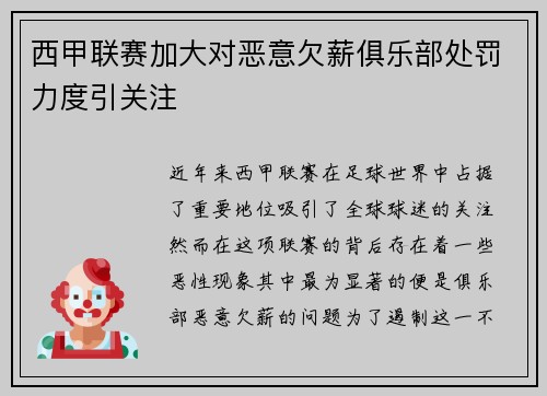 西甲联赛加大对恶意欠薪俱乐部处罚力度引关注 西甲联赛加大对恶意欠薪俱乐部处罚力度引关注