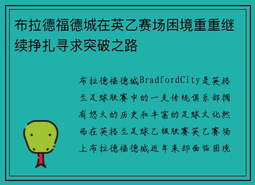 布拉德福德城在英乙赛场困境重重继续挣扎寻求突破之路